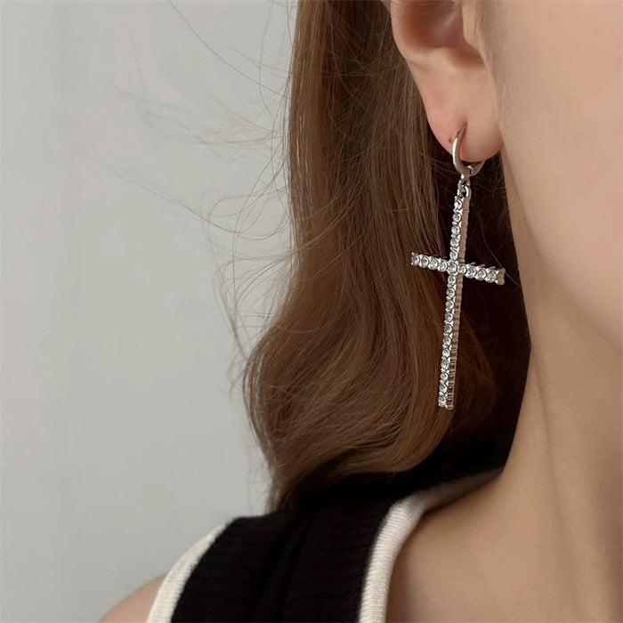 Wholesale Shiny Rhinestone Large Cross Earrings Versatile Exaggerated Full Diamond
