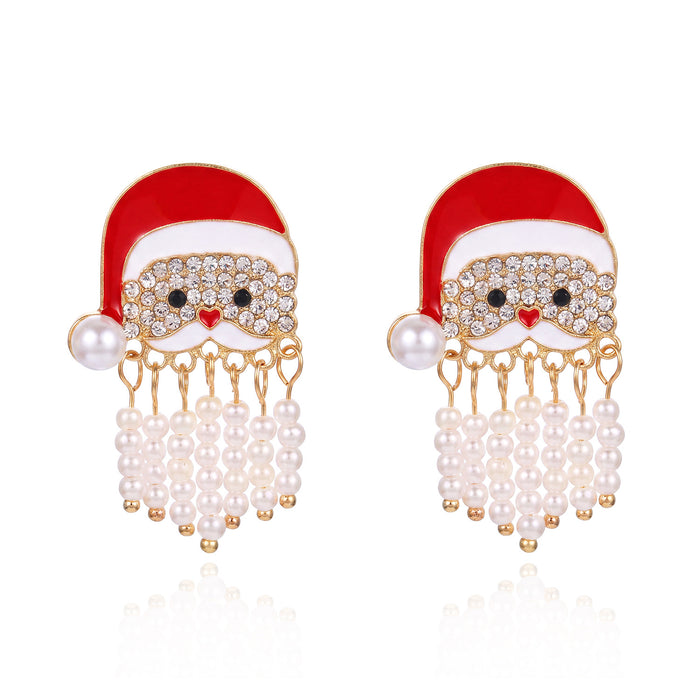 Wholesale Christmas Santa Hat Tassel Earrings Pearl Rhinestone Long Drop Alloy Jewelry Accessory for Holiday Party