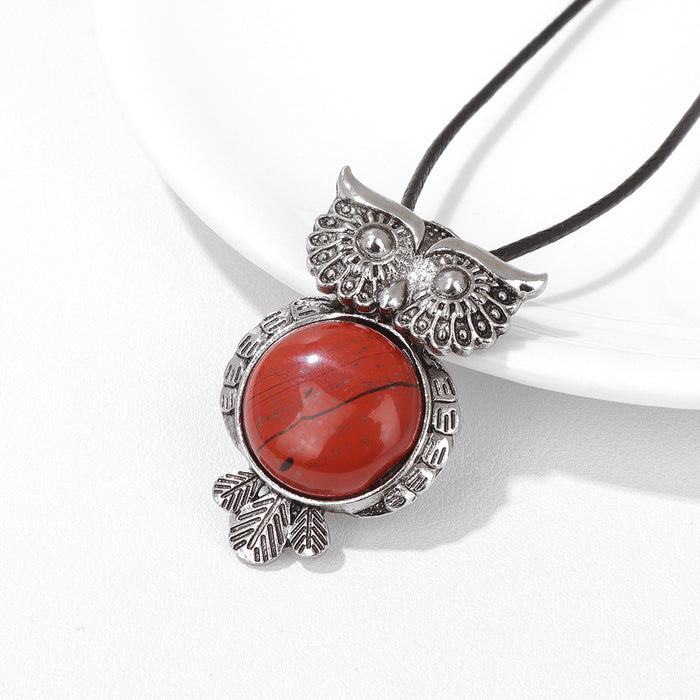 Wholesale Owl pendant necklace with semi precious stones tiger' s eye and amethyst