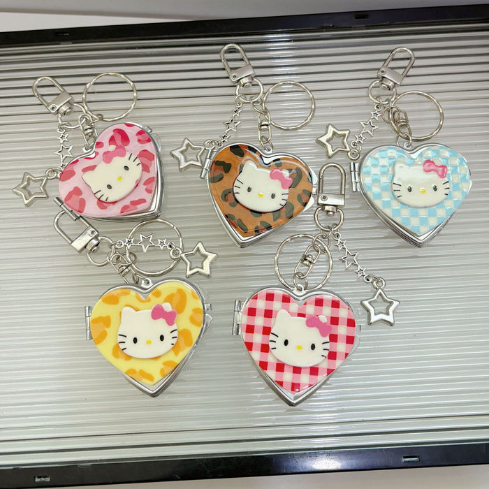 Wholesale Cute Cartoon Cat Checkered Heart Portable Mirror Keychain