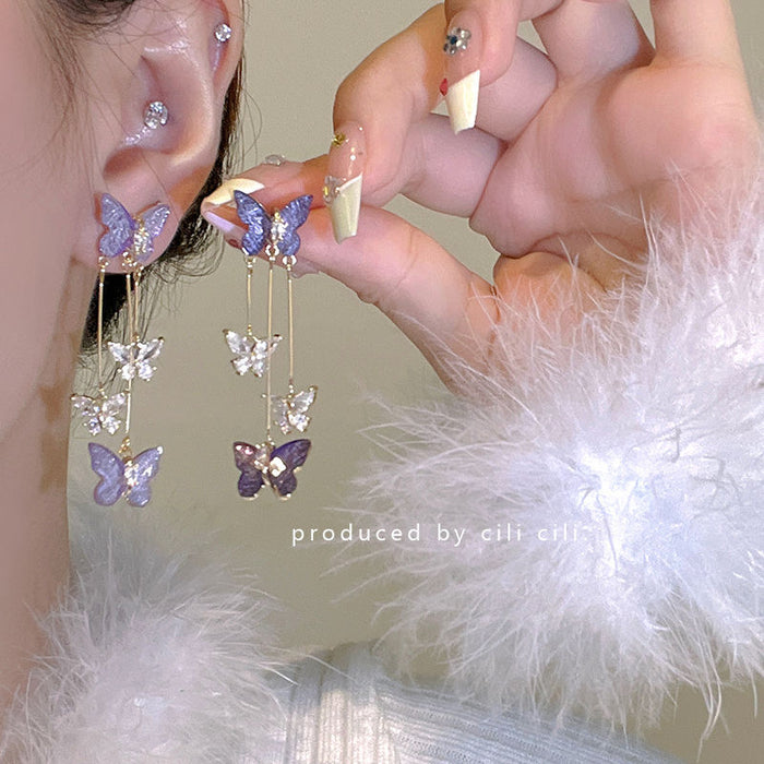 Wholesale Butterfly long tassel earrings, earrings, high-end feel, no ear holes, ear clips