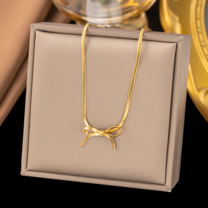 Wholesale Titanium Steel 18K Gold Plated Snake Bone Chain Bowknot Necklace JDC-NE-YiBao001