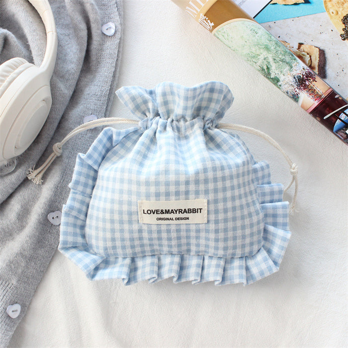 Wholesale Stylish Pink Plaid Drawstring Pouch With Lace Trim Multipurpose Travel Storage Bag For Makeup Brushes Fashion Accessory For Boutique Resale