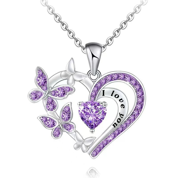 Wholesale " I love you"  heart-shaped butterfly micro-inlaid rhinestone alloy necklace