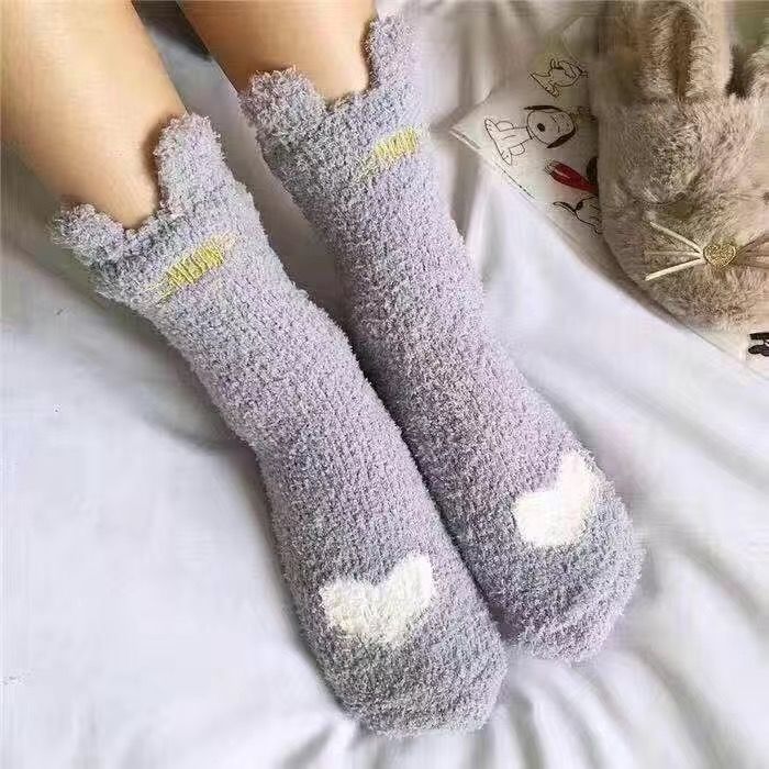 Wholesale Autumn and Winter coral fleece mid-calf length socks fleece-lined thickened floor socks cat ear home confinement socks