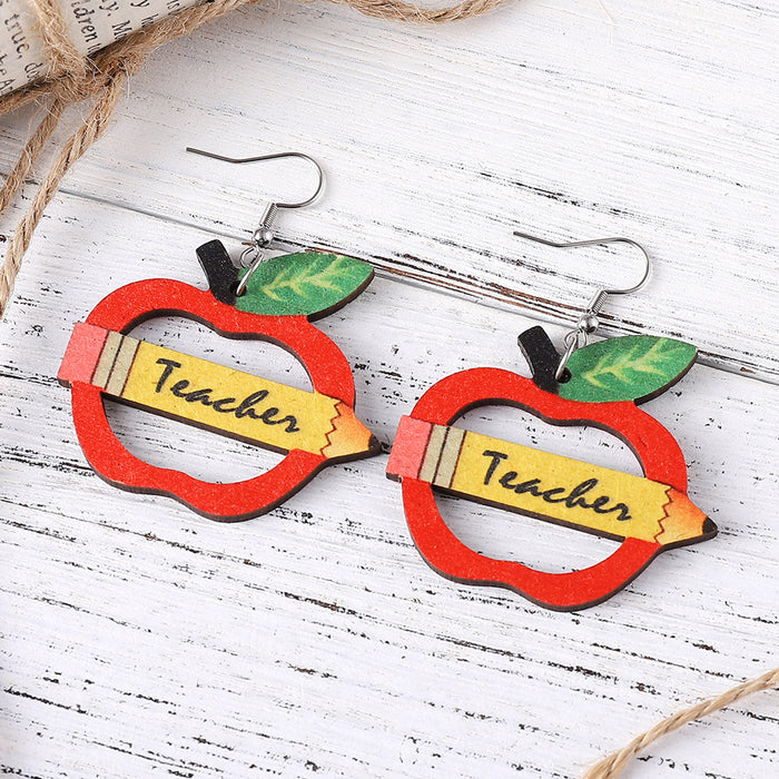 Wholesale Personalized pencil apple teacher drop earrings graduation back to school season teacher double-sided wooden earrings