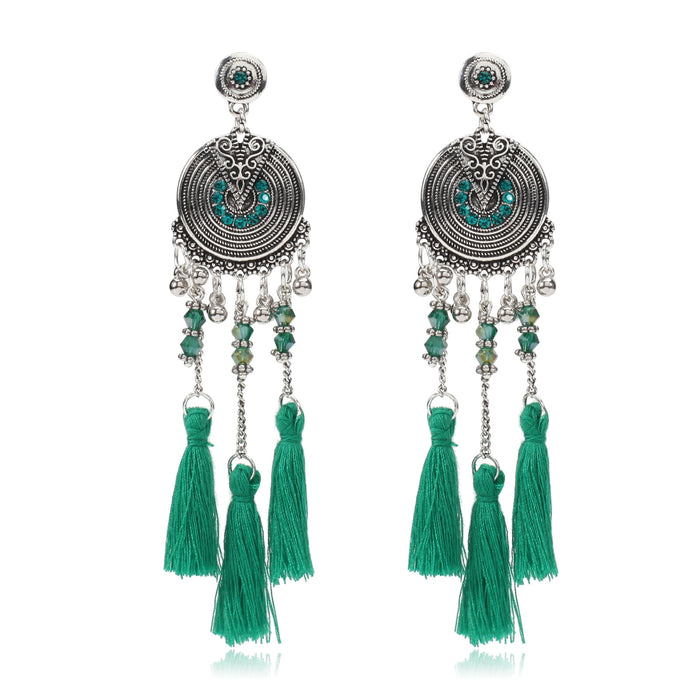 Wholesale Alloy Bohemian Tassel Leaf Ceramic Bead Crystal Rice Bead Pendant Earrings JDC-ES-Xiny005