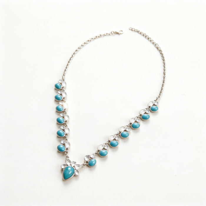 Wholesale Trendy Retro Flower Pendant Necklace For Women Turquoise Color Alloy Silver Plated Chain Jewelry Boutique Resale