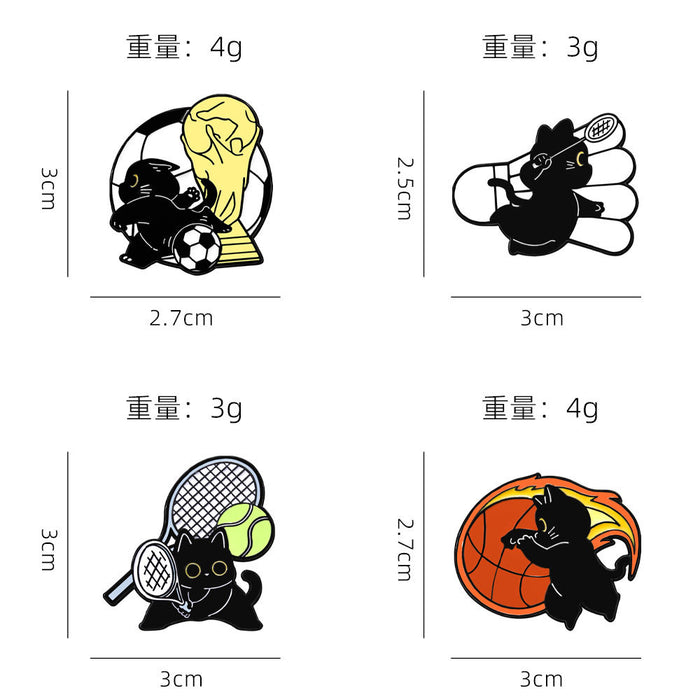 Wholesale Sports Cat Brooch Badge Cute Black Cat Badminton Tennis Football Basketball Schoolbag Decoration Oil-Drip Zinc Alloy