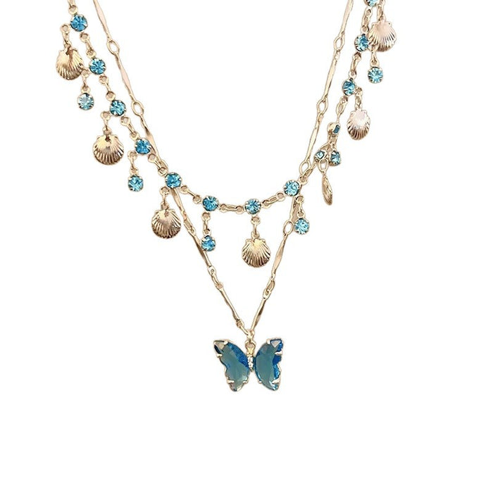 Wholesale Butterfly Double Layer Tassel Choker Necklace Metal Crystal Summer Chic Jewelry MOQ≥2
