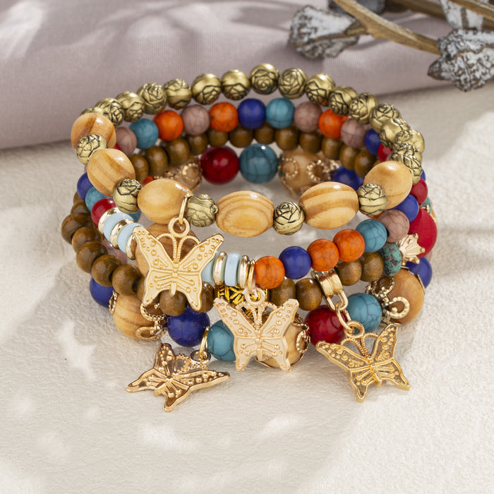 Wholesale Boho Style Multi-Layered Wood Beads Beaded Butterfly Pendant Bracelet JDC-BT-FeiYa006