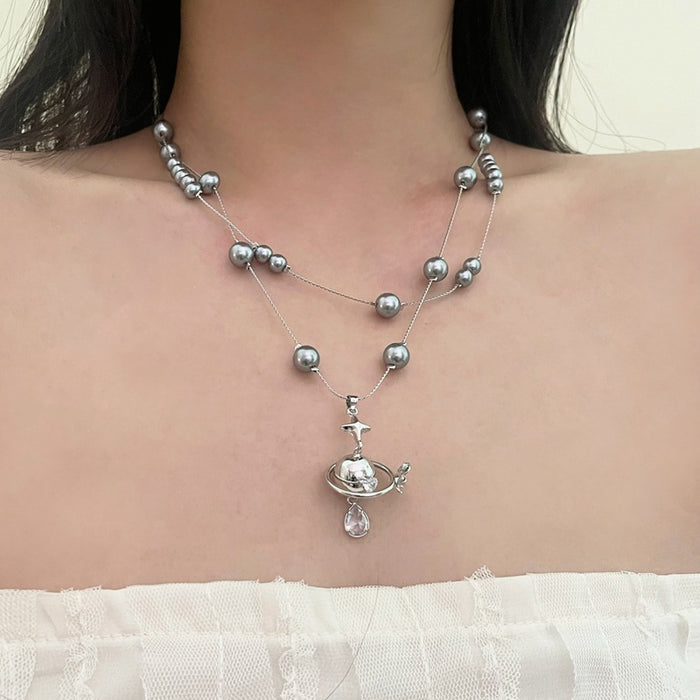 Wholesale Imitation pearl necklace, niche, double-layer collarbone chain, light luxury, high-end decorative accessories
