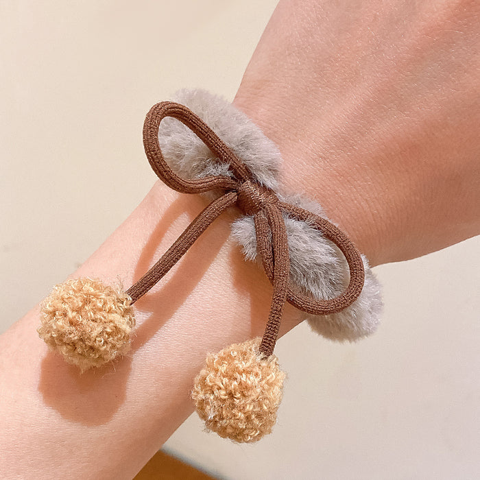 Wholesale Autumn and winter new plush hair ring head rope hair band brown fur ball bow tie terry high elastic terry