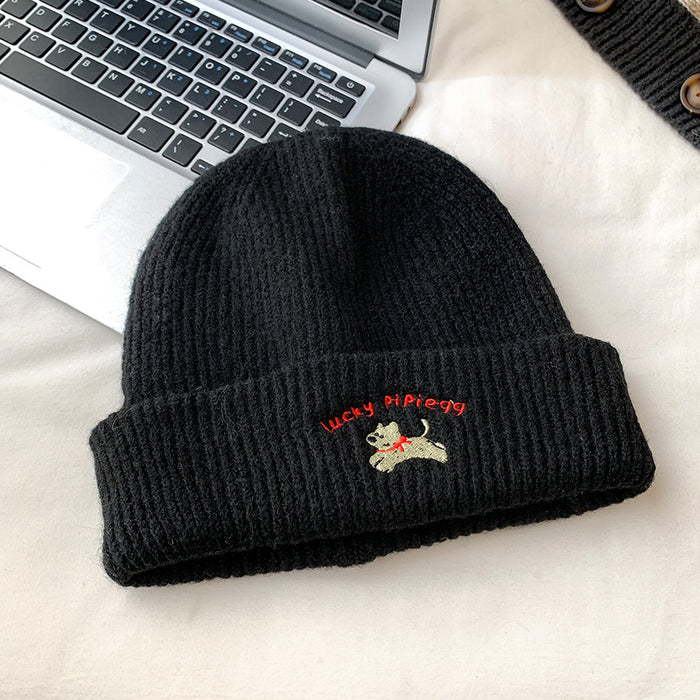 Wholesale Cute puppy embroidered knitted woolen hat for women, versatile big head circumference hat for autumn and winter