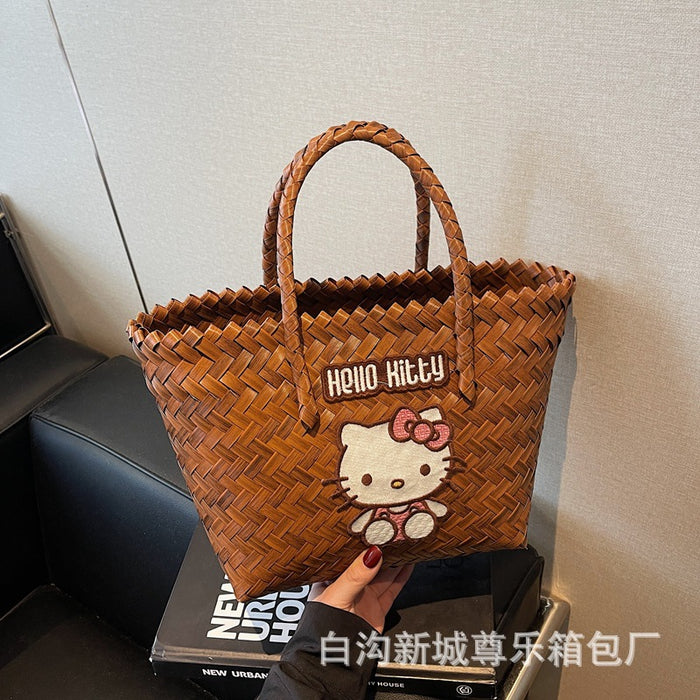 Wholesale Cat Handbag Woven Accompanying Gift Girl' s Large Capacity Vegetable Basket Handmade Woven Bag Women' s Fashion Beach Bag
