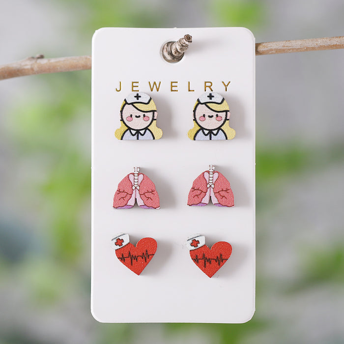 Wholesale Nurse' s Day Stethoscope Nurse Cute Heart and Lung Organs Earrings suit Wooden Earrings Earrings Gift