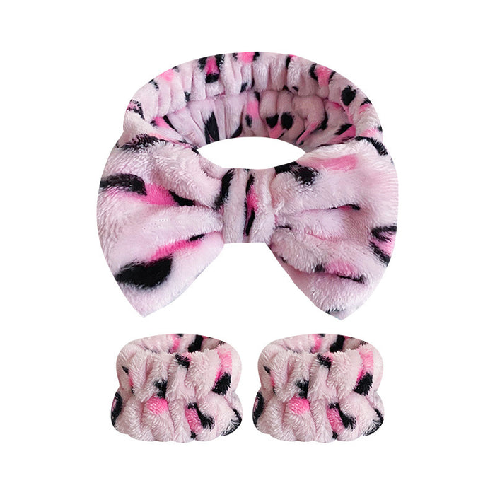Wholesale Leopard Print Bow Striped Headband Wrist Strap Set Face Wash Mask Headband Flannel Hair Accessories