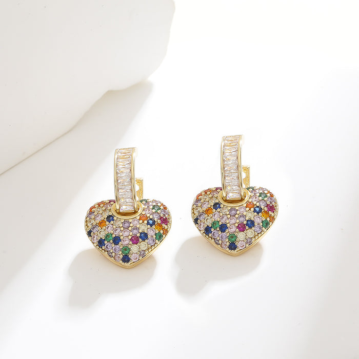 Wholesale Light luxury, high-end temperament, retro colored zircon heart-shaped heart earrings, earrings, earrings, ear buckles