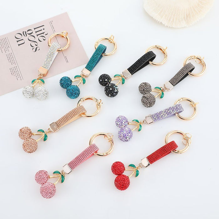 Wholesale Leather Cord with Diamond-Studded Cherry Keychain Pendant