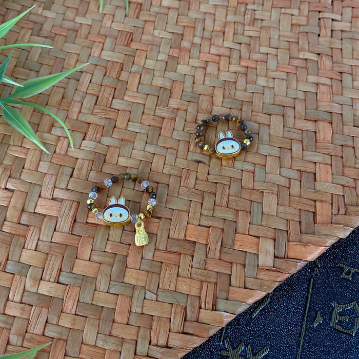 Wholesale Brown beaded ring retro niche tiger eye stone elastic rope ring cute unique ring