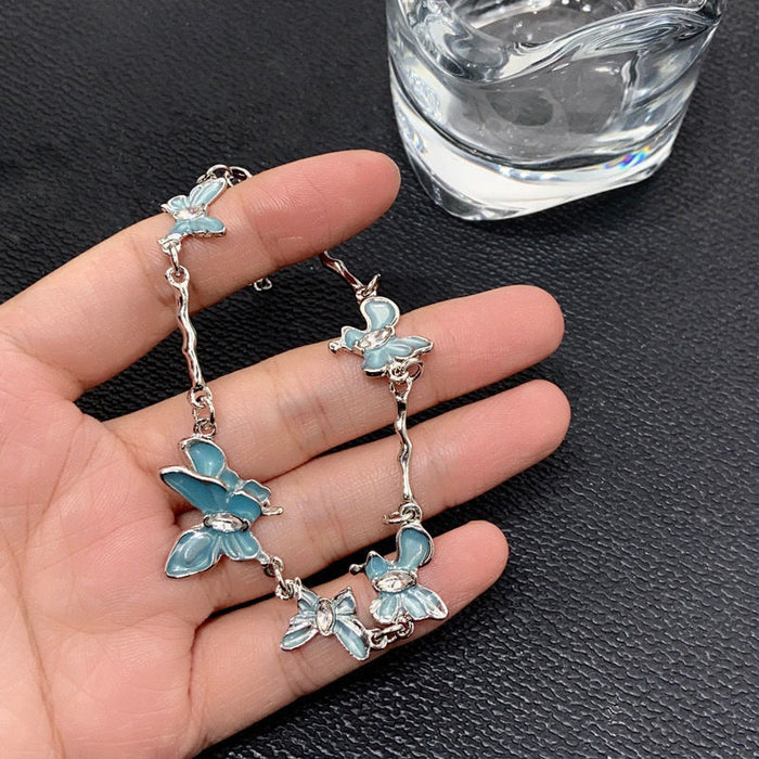 Wholesale Blue Butterfly Moonstone Splicing Necklace Neck Chain Feel Clavicle Chain Light Luxury Niche Neck Chain Accessories