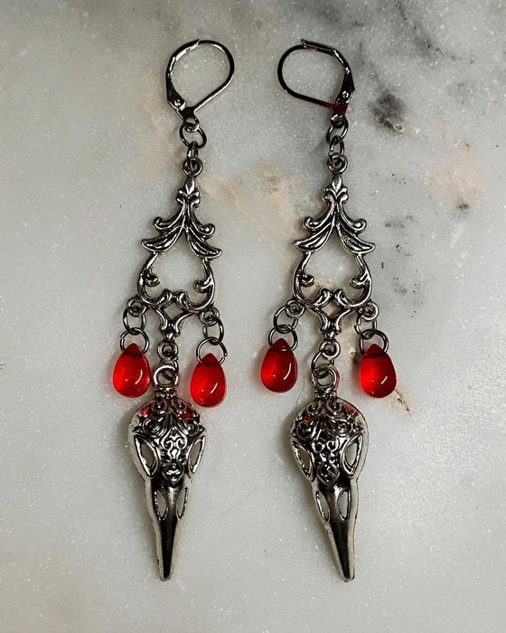 Wholesale Gothic Skull Crow Red Teardrop Dangle Earrings Dark  Party Jewelry Fashion Accessory Boutique Resale