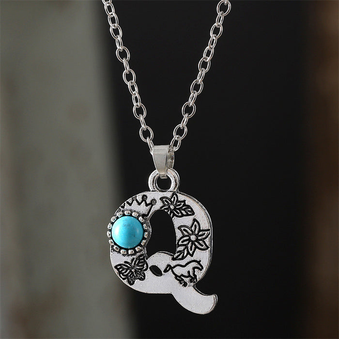 Wholesale 2pcs Retro 26 English Letter Turquoise Necklace