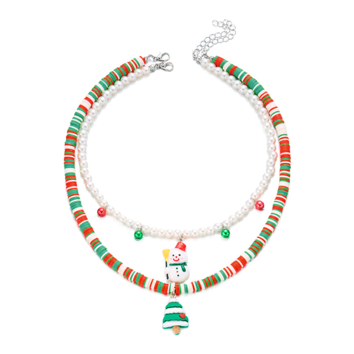 Wholesale Christmas Snowman Christmas Tree Elk Polymer Clay Imitation Pearl Necklace Fashion Stackable Necklace Set