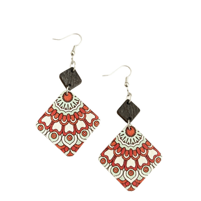 Wholesale Wood Mandala Rhombus Double-Layer Earrings – Red Green Vintage Ethnic Accessory