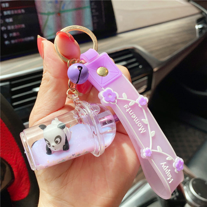 Wholesale Red Creative Girl's Heart Cute Panda Oil-filled Milk Tea Cup Floating Bottle Keychain Pendant quicksand pendant