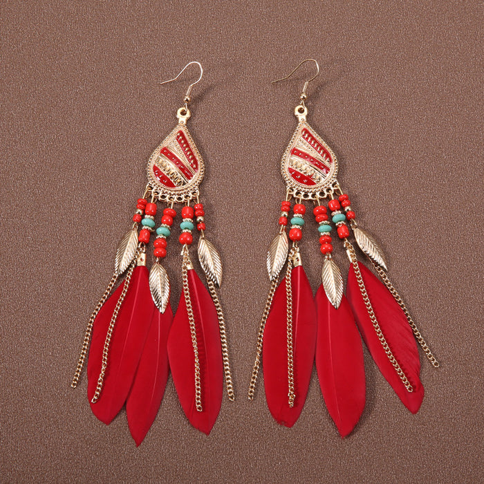 Wholesale Alloy Bohemian Feather Tassel Long Earrings JDC-ES-Gumi004