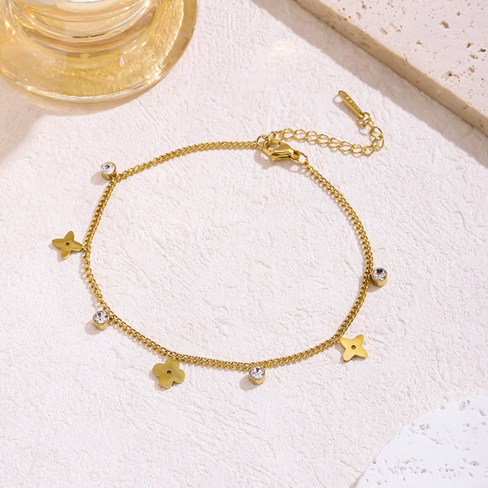Wholesale Small flower anklet with rhinestones and electroplated