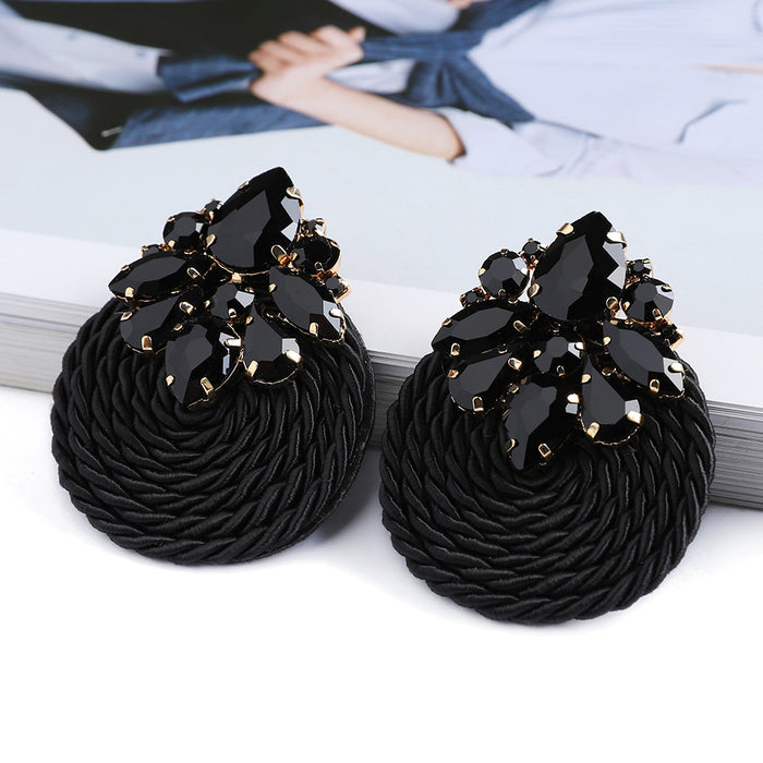 Wholesale Fashionable hand woven rope with circular inlaid colorful crystal earrings, elegant earrings and jewelry