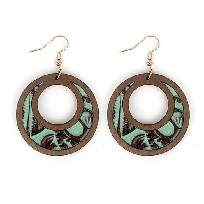 Wholesale Retro Western Genuine Leather Hollow Inlay Wood Drop Earrings