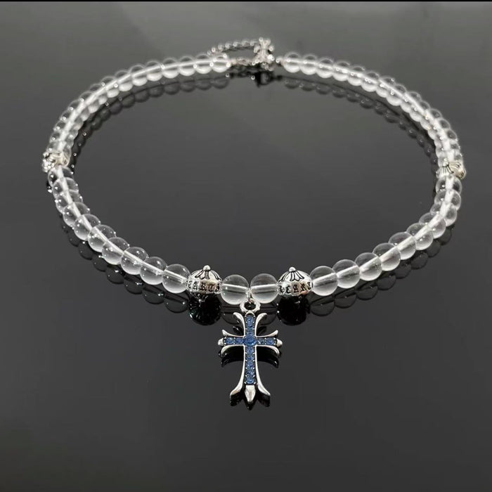 Wholesale Transparent bead blue cross pendant necklace, niche, light luxury design, collarbone chain