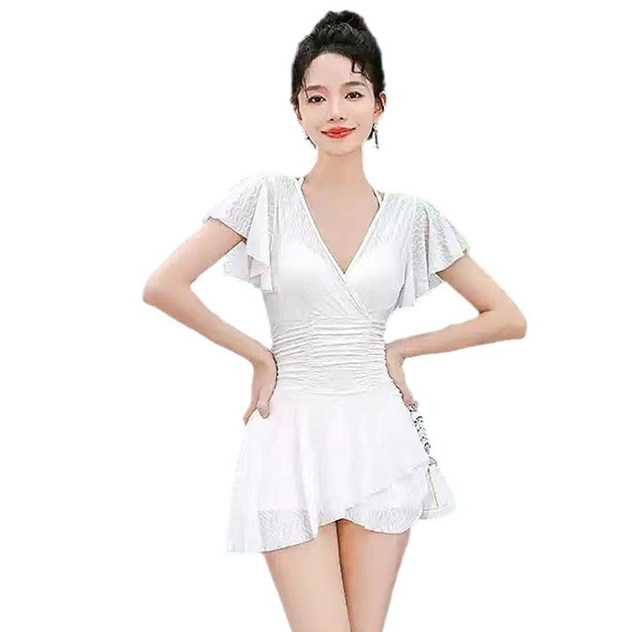 Wholesale Swimsuit women's polyester one-piece solid color elegant waist-tight Conservative slimming skirt steel bracket gathered meat-covering hot spring swimsuit