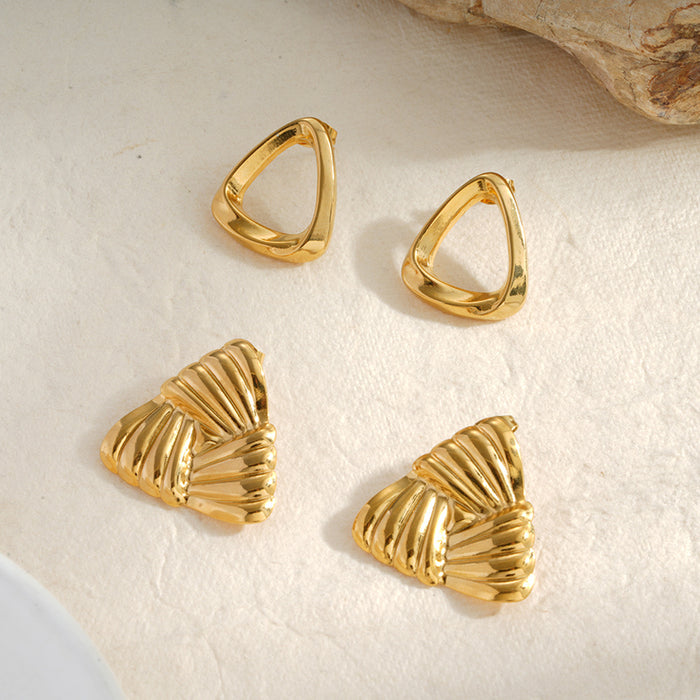 Wholesale titanium steel striped geometric stud earrings,  triangle 18k gold openwork earrings,  stainless steel earrings