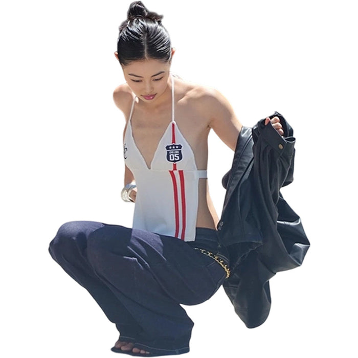 Wholesale World Cup Chic Halterneck Lace-Up V Neck Letter Print Top for Stylish Casual Wear