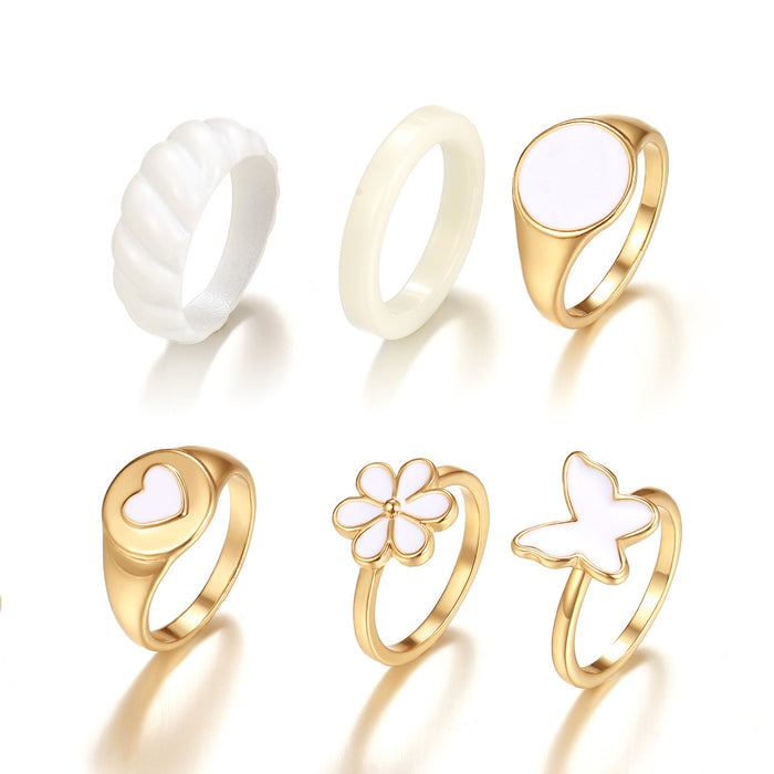 Wholesale Alloy Oil Drop Butterfly Smiley Face Ring 6-piece Set JDC-RS-HanShi008