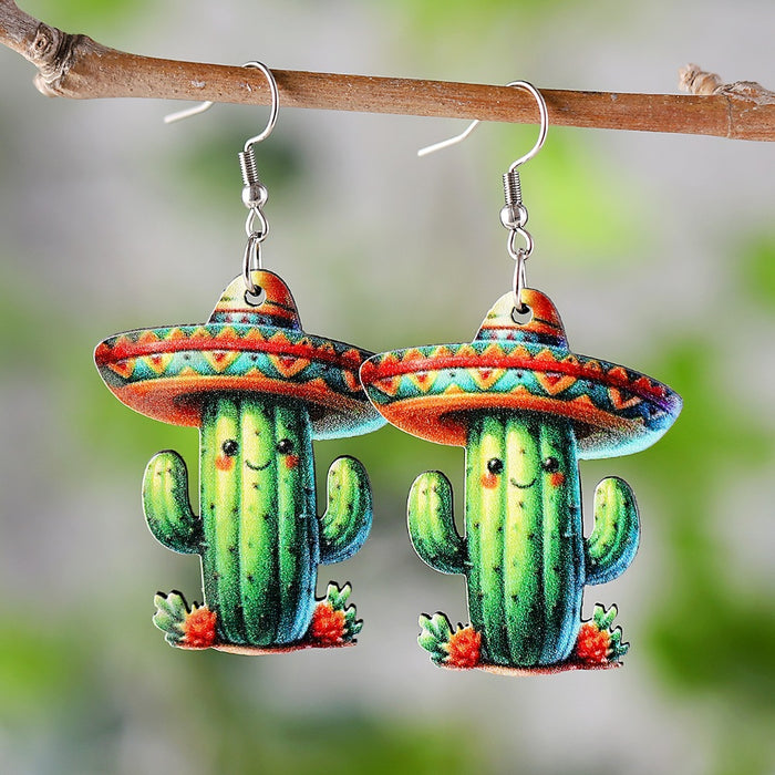 Wholesale Mexico Fifth Festival of the Dead Straw Hat Funny Cactus Pendant Earrings Wooden Double-sided Earrings