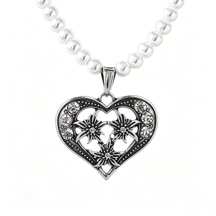 Wholesale Vintage Red Heart Edelweiss Choker Necklace With Rhinestones And Faux Pearl Beads Chic Party Fashion Accessory