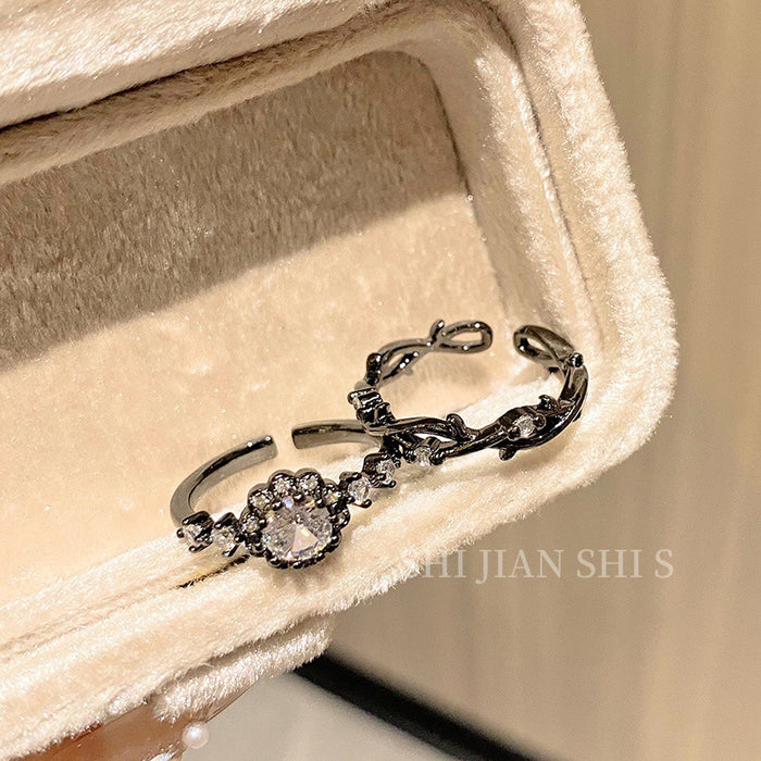 Wholesale Neutral style flower shaped diamond inlaid micro layered open ring with thorns, light luxury, versatile, simple and fashionable ring accessories
