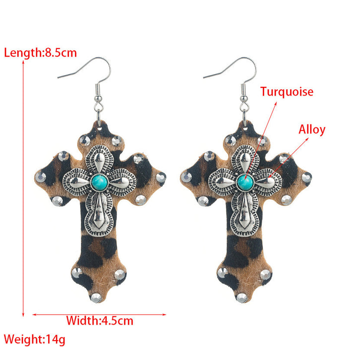 Wholesale Leopard print leather cross turquoise statement earrings