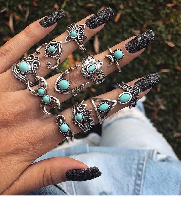 Wholesale Ethnic Style Retro Turquoise Carved Feather Ring Fashionable and Personalized 8-Piece Combination Ring Set