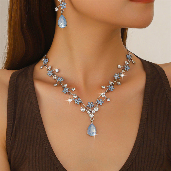 Wholesale Floral Blue Rhinestone Necklace and Earring Set Boutique MOQ≥2