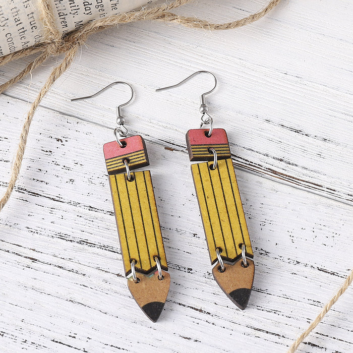 Wholesale Teaching learning rainbow pencil double-sided wooden earrings graduation season back to school season student teacher earrings