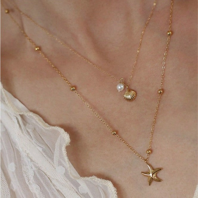 Wholesale Starfish Shell Pearl Pendant Necklace Clavicle Chain for Women
