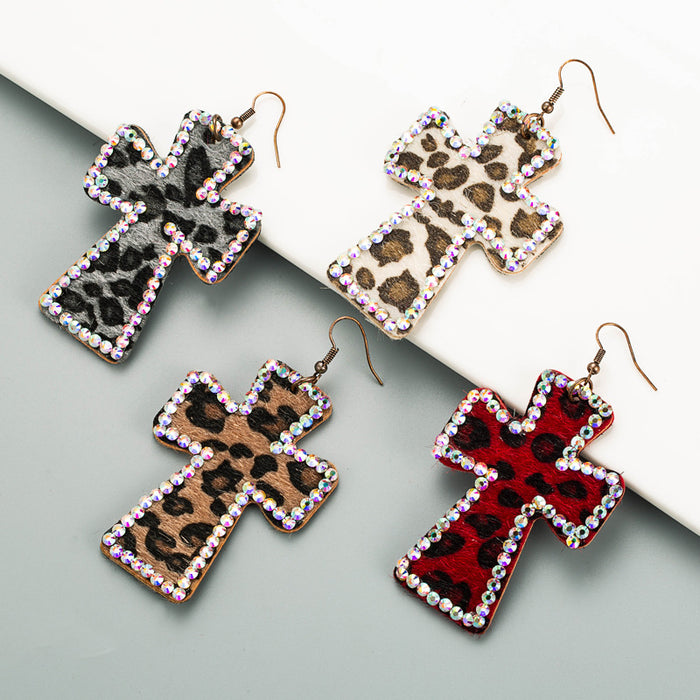 Wholesale Cross-print leather leopard print Statement Earrings