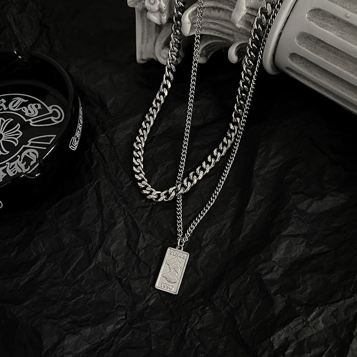 Wholesale Vintage titanium steel pendant with niche design, double layered necklace, sweatshirt chain accessories