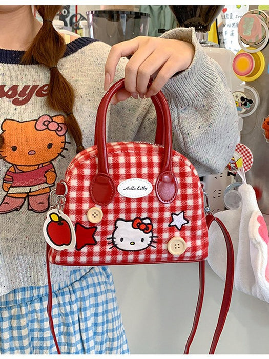 Wholesale Wool red plaid embroidered handbag,  kitten shoulder bag,  crossbody bag